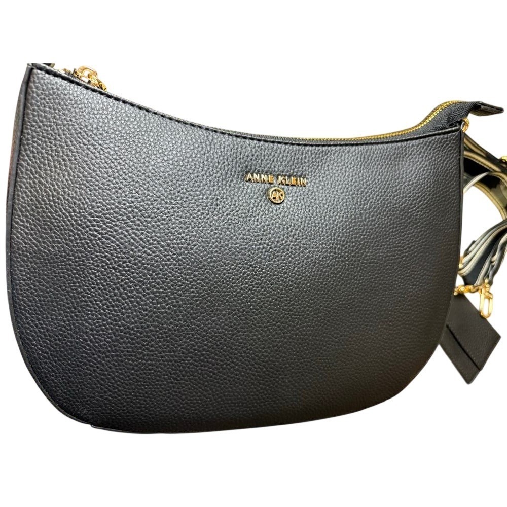 Anne Klein black pebbled crossbody gold accents, new condition has two straps